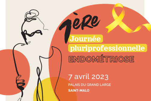 Visuel pour la première journée pluriprofessionnelle dédiée à l'endométriose - 7 avril 2023 au Palais du Grand Large de Saint-Malo. Visuel d'une femme s'enlaçant, ruban jaune et ronds colorés